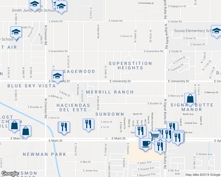 map of restaurants, bars, coffee shops, grocery stores, and more near 10438 East Butte Street in Apache Junction