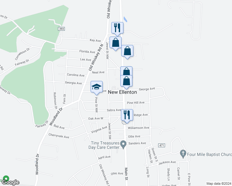 map of restaurants, bars, coffee shops, grocery stores, and more near 105 Smith Avenue in New Ellenton