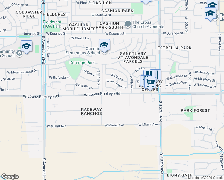 map of restaurants, bars, coffee shops, grocery stores, and more near 10989 West Del Rio Lane in Avondale