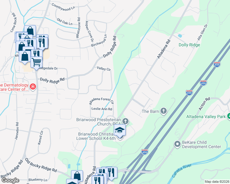map of restaurants, bars, coffee shops, grocery stores, and more near 3555 Valley Circle in Vestavia Hills