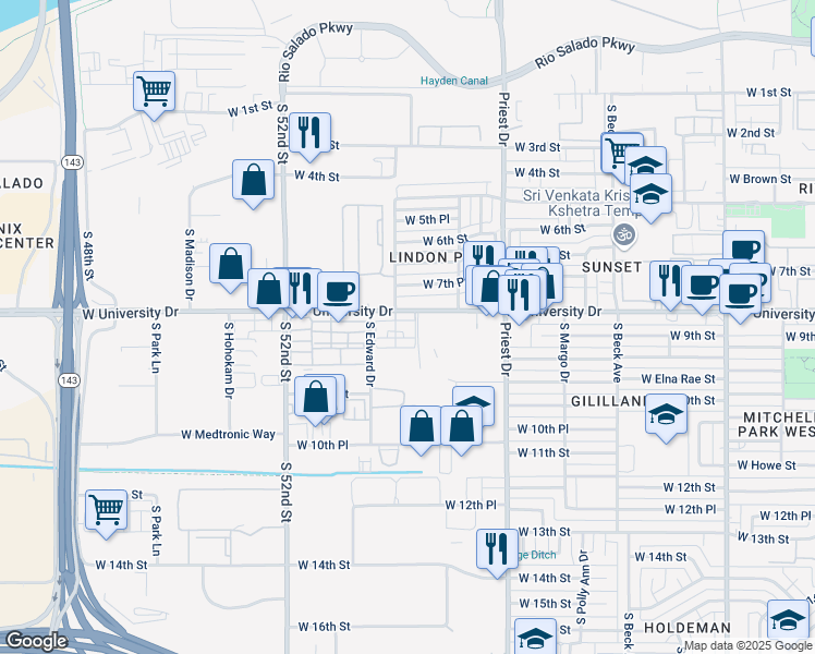 map of restaurants, bars, coffee shops, grocery stores, and more near 1605 West University Drive in Tempe