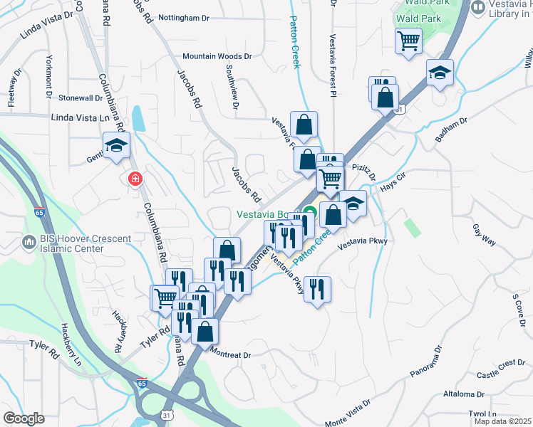 map of restaurants, bars, coffee shops, grocery stores, and more near 2971 Massey Road in Vestavia Hills