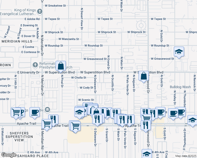 map of restaurants, bars, coffee shops, grocery stores, and more near 708 North Victory Drive in Apache Junction