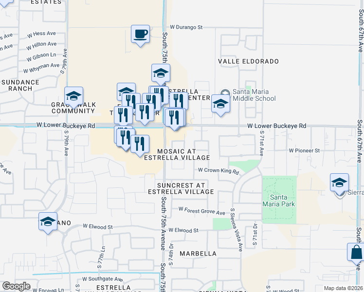 map of restaurants, bars, coffee shops, grocery stores, and more near 2920 South 74th Drive in Phoenix