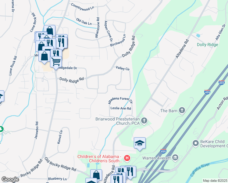 map of restaurants, bars, coffee shops, grocery stores, and more near 3579 Valley Cir in Vestavia Hills