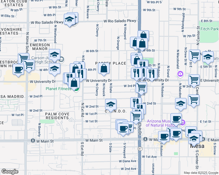 map of restaurants, bars, coffee shops, grocery stores, and more near 344 North Date in Mesa