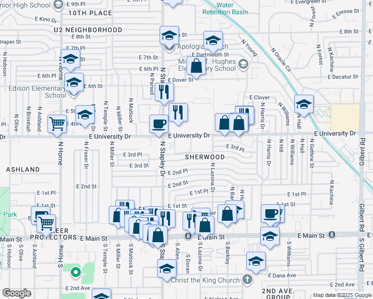 map of restaurants, bars, coffee shops, grocery stores, and more near 1255 East University Drive in Mesa