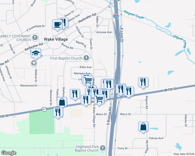 map of restaurants, bars, coffee shops, grocery stores, and more near 921 Mimosa Street in Wake Village