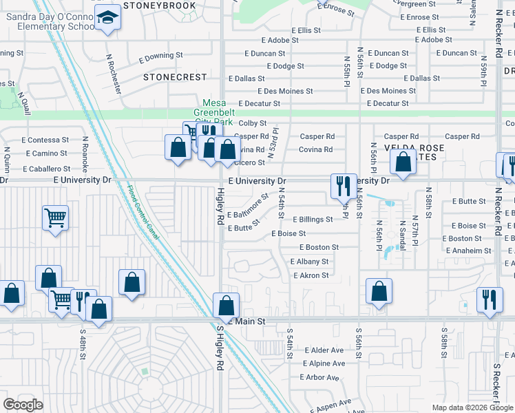 map of restaurants, bars, coffee shops, grocery stores, and more near 5329 East Baltimore Street in Mesa