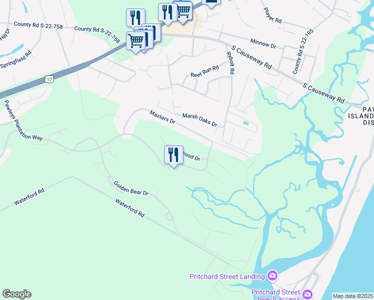 map of restaurants, bars, coffee shops, grocery stores, and more near 184 Stillwood Drive in Pawleys Island
