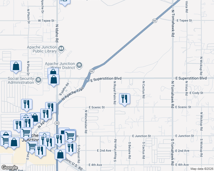 map of restaurants, bars, coffee shops, grocery stores, and more near 591 East Superstition Boulevard in Apache Junction