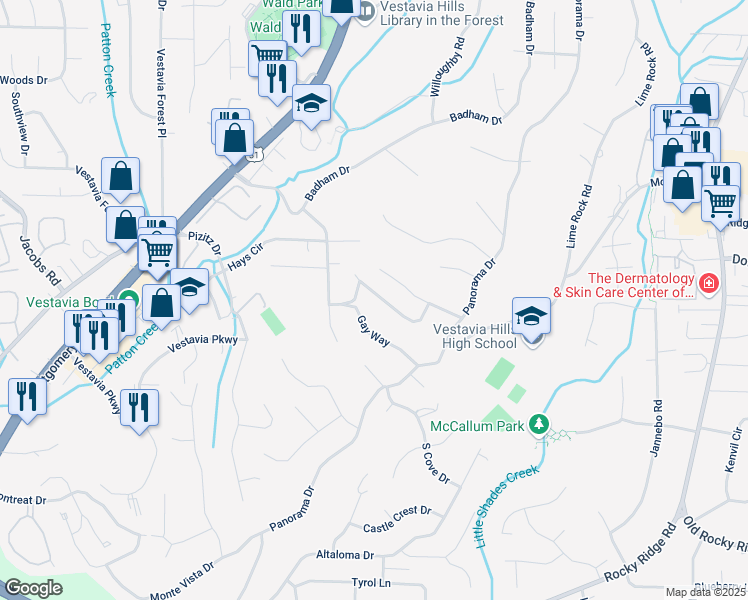 map of restaurants, bars, coffee shops, grocery stores, and more near 1529 Blind Brook Lane in Vestavia Hills