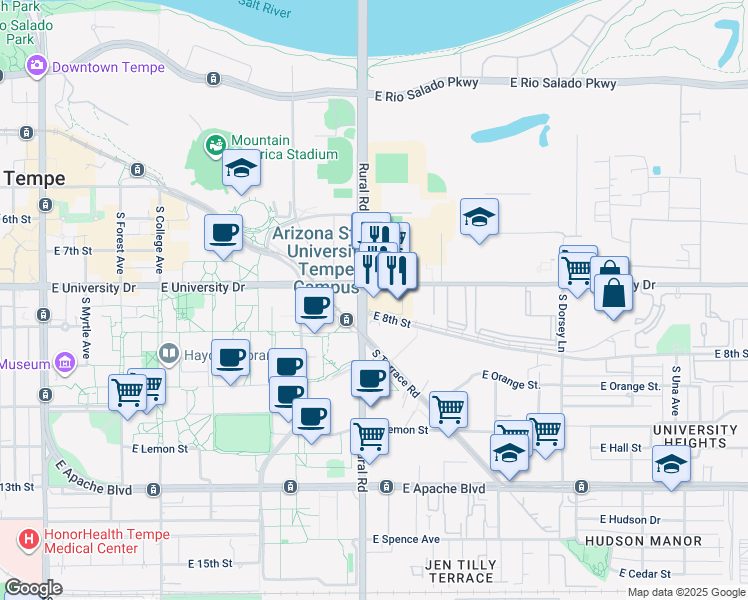 map of restaurants, bars, coffee shops, grocery stores, and more near 921 East University Drive in Tempe