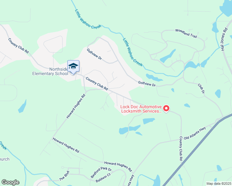 map of restaurants, bars, coffee shops, grocery stores, and more near 36 Country Club Road in Newnan
