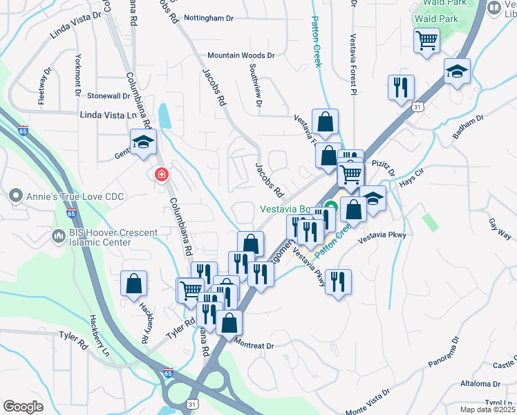 map of restaurants, bars, coffee shops, grocery stores, and more near 2717 Southbury Circle in Vestavia Hills