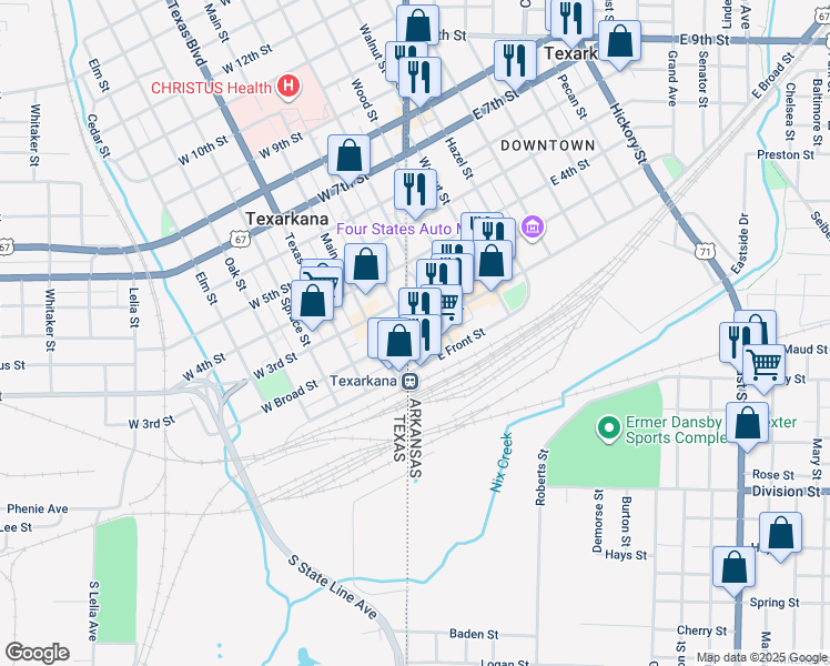 map of restaurants, bars, coffee shops, grocery stores, and more near 104 East Broad Street in Texarkana