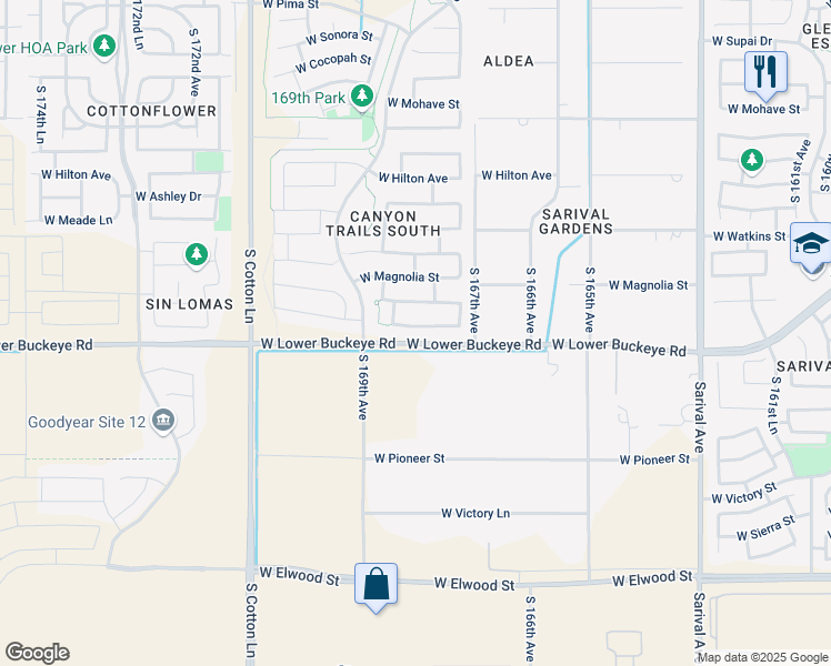 map of restaurants, bars, coffee shops, grocery stores, and more near 16799 West Rio Vista Lane in Goodyear