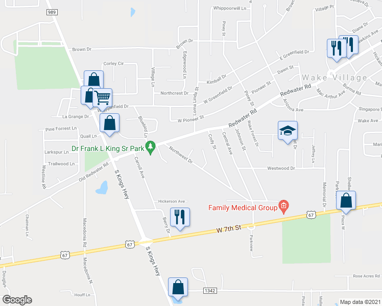map of restaurants, bars, coffee shops, grocery stores, and more near 7 Timberwood Drive in Wake Village