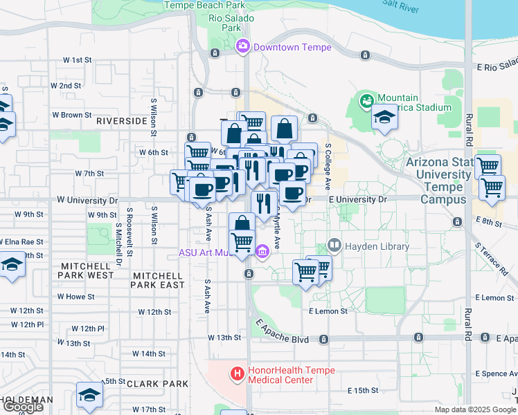 map of restaurants, bars, coffee shops, grocery stores, and more near 7 East University Drive in Tempe