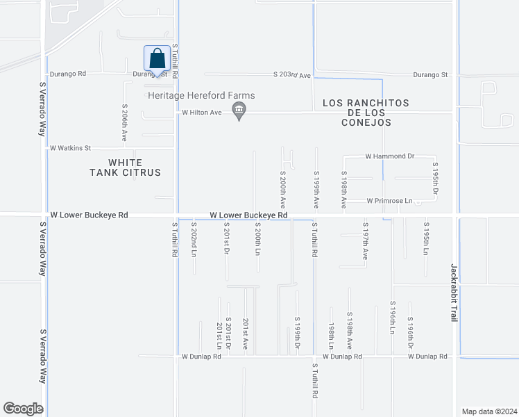 map of restaurants, bars, coffee shops, grocery stores, and more near 2711 South 200th Lane in Buckeye