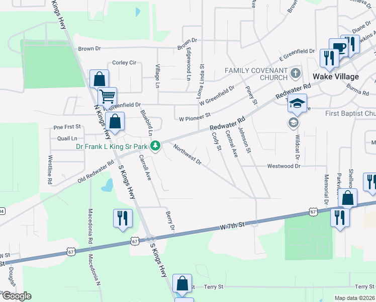 map of restaurants, bars, coffee shops, grocery stores, and more near 419 Northwest Drive in Wake Village