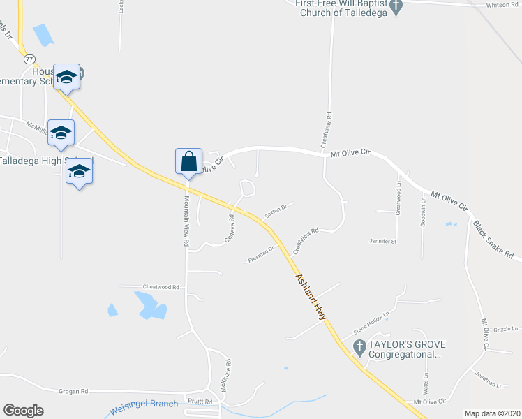 map of restaurants, bars, coffee shops, grocery stores, and more near 1710 Ashland Highway in Talladega