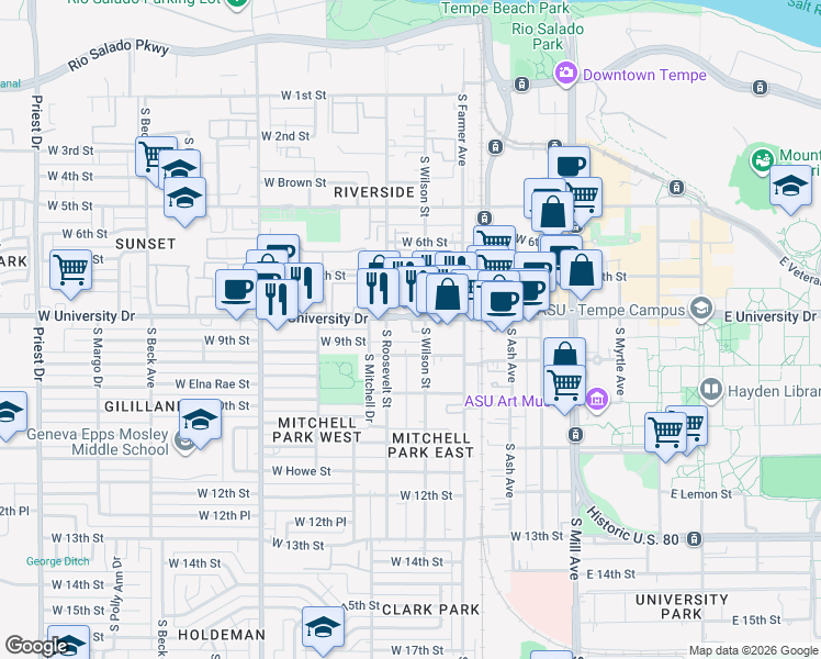 map of restaurants, bars, coffee shops, grocery stores, and more near 517 West University Drive in Tempe