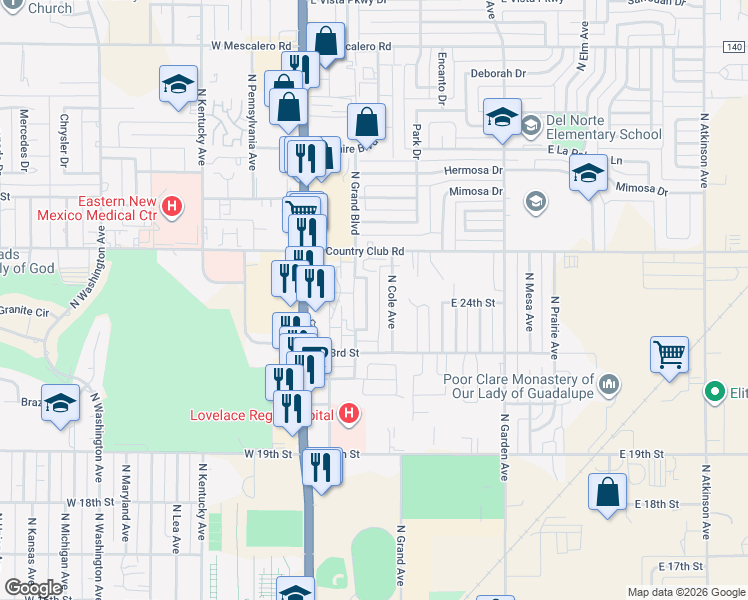 map of restaurants, bars, coffee shops, grocery stores, and more near 2403 North Grand Avenue in Roswell