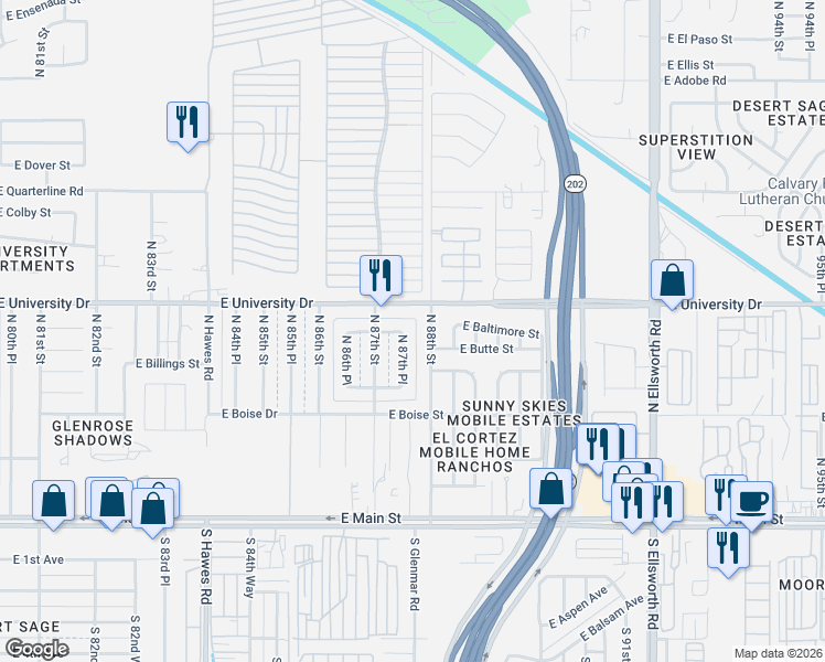 map of restaurants, bars, coffee shops, grocery stores, and more near 329 North 87th Place in Mesa