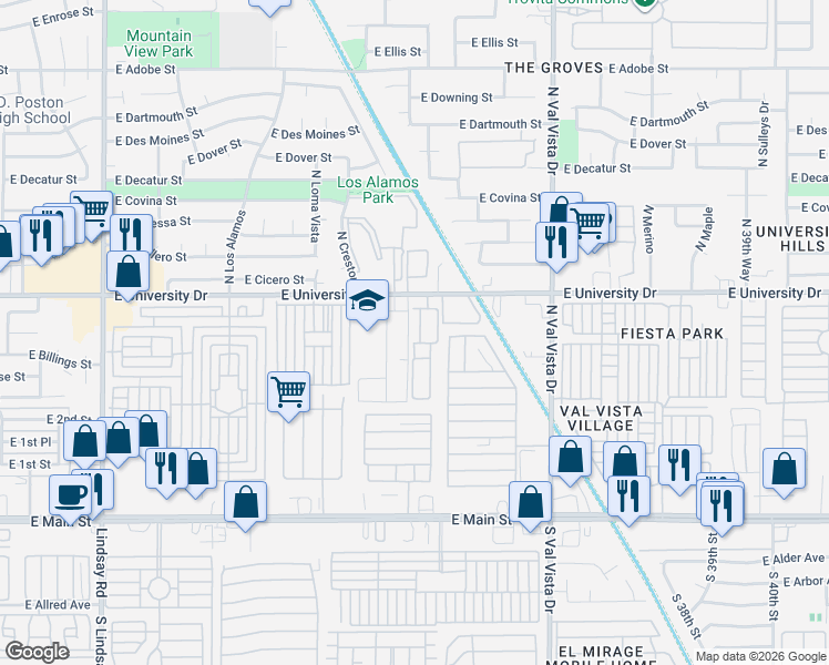 map of restaurants, bars, coffee shops, grocery stores, and more near North Los Allegres in Mesa