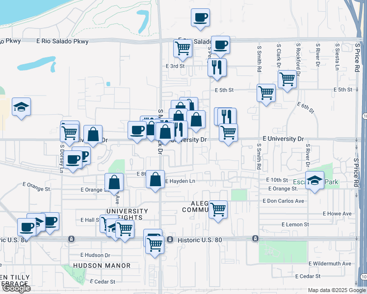 map of restaurants, bars, coffee shops, grocery stores, and more near 1845 East University Drive in Tempe