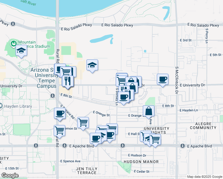 map of restaurants, bars, coffee shops, grocery stores, and more near in Tempe