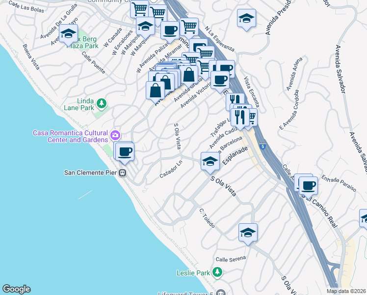 map of restaurants, bars, coffee shops, grocery stores, and more near 307 Avenida Monterey in San Clemente
