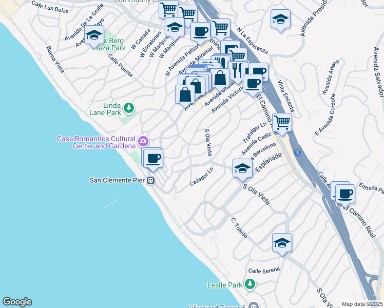 map of restaurants, bars, coffee shops, grocery stores, and more near 307 Avenida Victoria in San Clemente