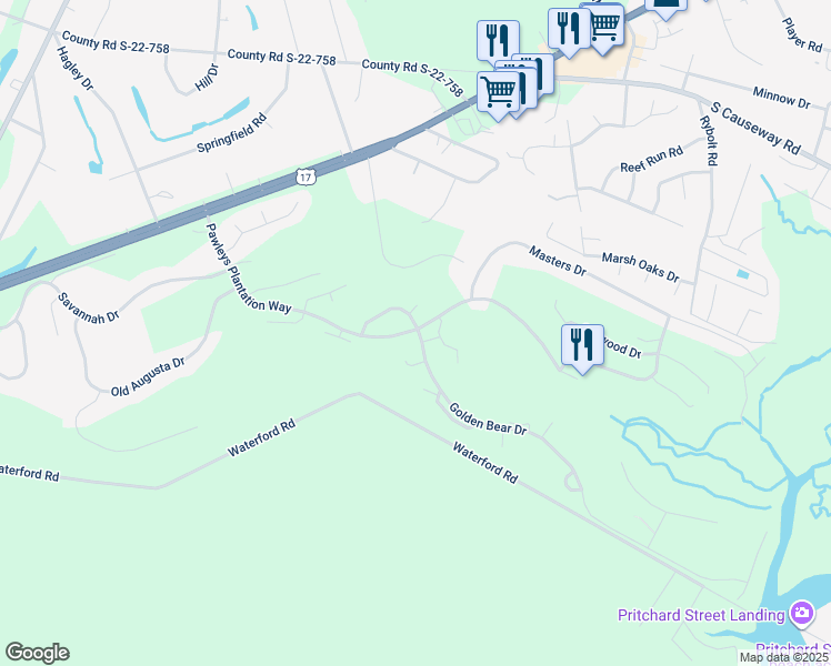 map of restaurants, bars, coffee shops, grocery stores, and more near 16 Golden Bear Drive in Pawleys Island