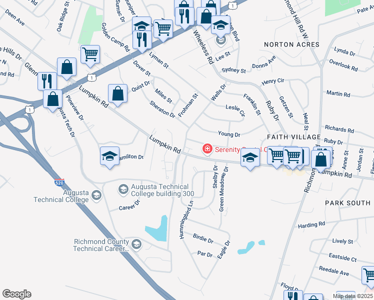 map of restaurants, bars, coffee shops, grocery stores, and more near 2897 Wells Drive in Augusta