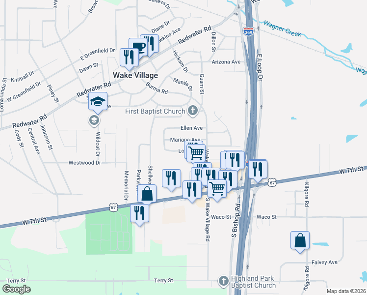 map of restaurants, bars, coffee shops, grocery stores, and more near 1021 Louise Lane in Wake Village