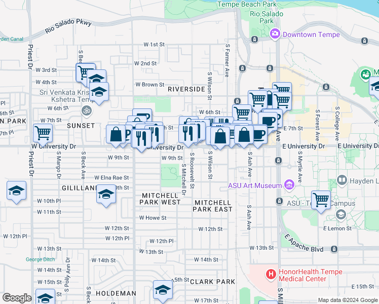 map of restaurants, bars, coffee shops, grocery stores, and more near 702 West 9th Street in Tempe