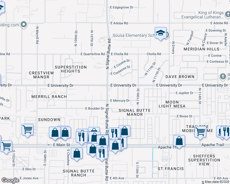 map of restaurants, bars, coffee shops, grocery stores, and more near 336 North Keith Street in Apache Junction