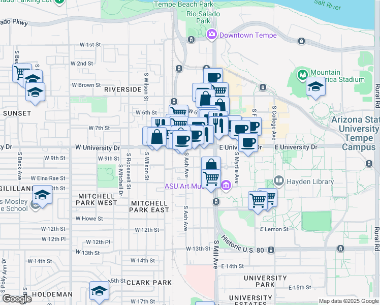 map of restaurants, bars, coffee shops, grocery stores, and more near 115 West University Drive in Tempe
