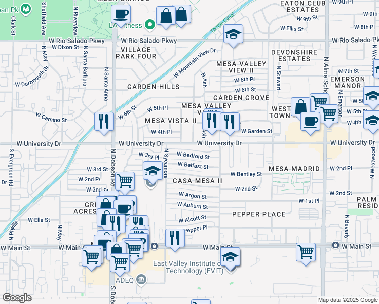map of restaurants, bars, coffee shops, grocery stores, and more near 1722 West Bedford Street in Mesa