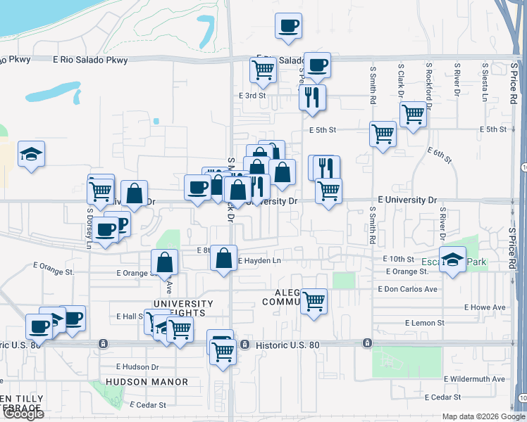 map of restaurants, bars, coffee shops, grocery stores, and more near 1845 East University Drive in Tempe
