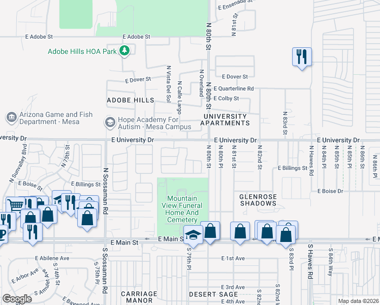 map of restaurants, bars, coffee shops, grocery stores, and more near 339 North 79th Place in Mesa