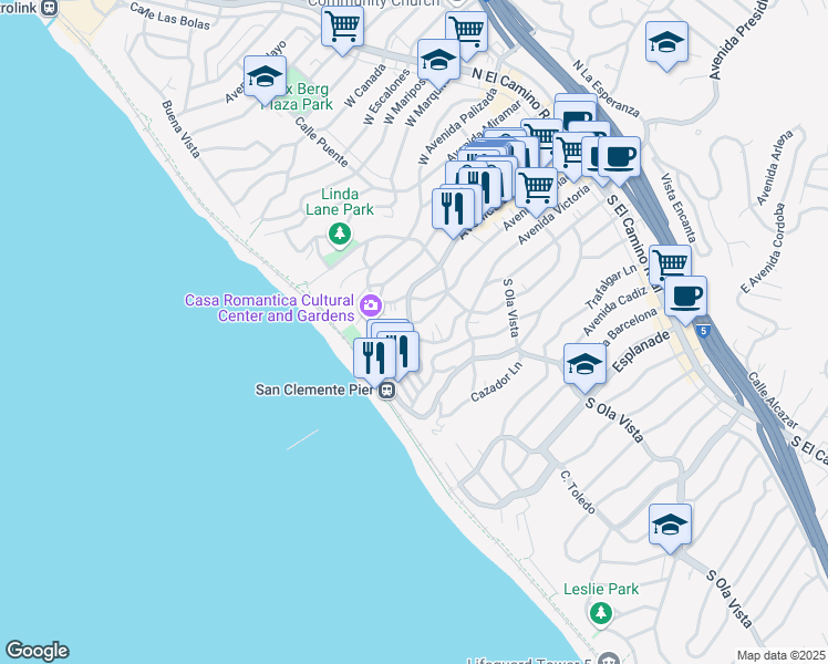 map of restaurants, bars, coffee shops, grocery stores, and more near 501 Avenida Del Mar in San Clemente