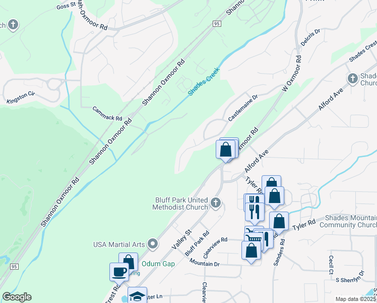 map of restaurants, bars, coffee shops, grocery stores, and more near 1125 Castlemaine Drive in Birmingham