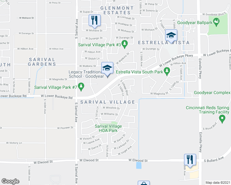 map of restaurants, bars, coffee shops, grocery stores, and more near 16062 West Salome Street in Goodyear