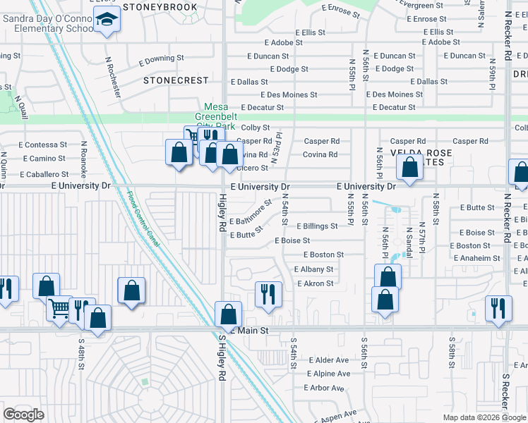 map of restaurants, bars, coffee shops, grocery stores, and more near 5329 East Baltimore Street in Mesa
