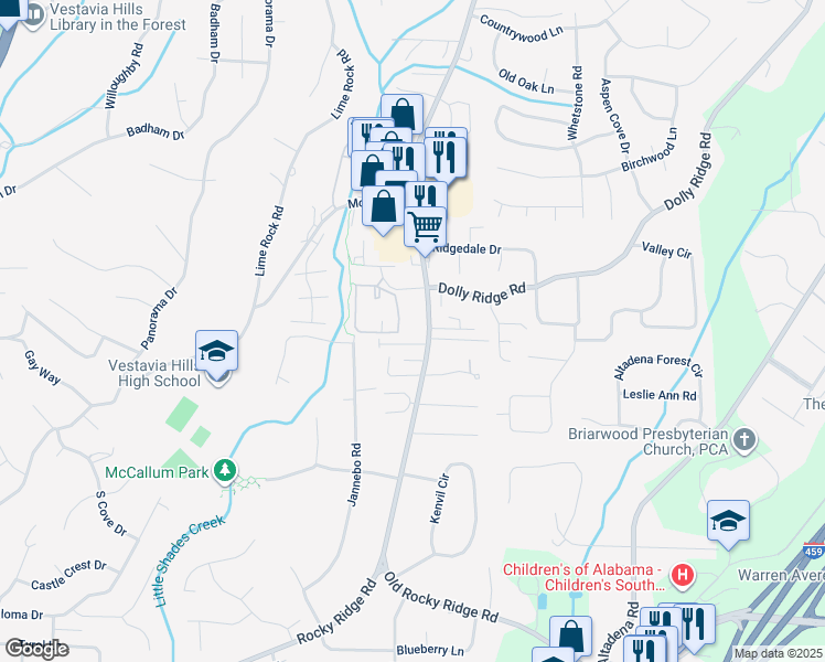 map of restaurants, bars, coffee shops, grocery stores, and more near 2470 Rocky Ridge Road in Birmingham