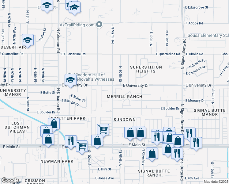map of restaurants, bars, coffee shops, grocery stores, and more near 336 North 103rd Place in Apache Junction