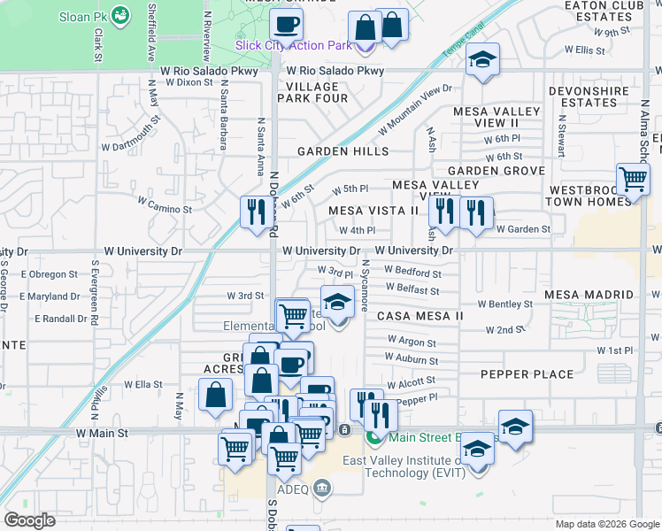 map of restaurants, bars, coffee shops, grocery stores, and more near 1852 West 3rd Place in Mesa